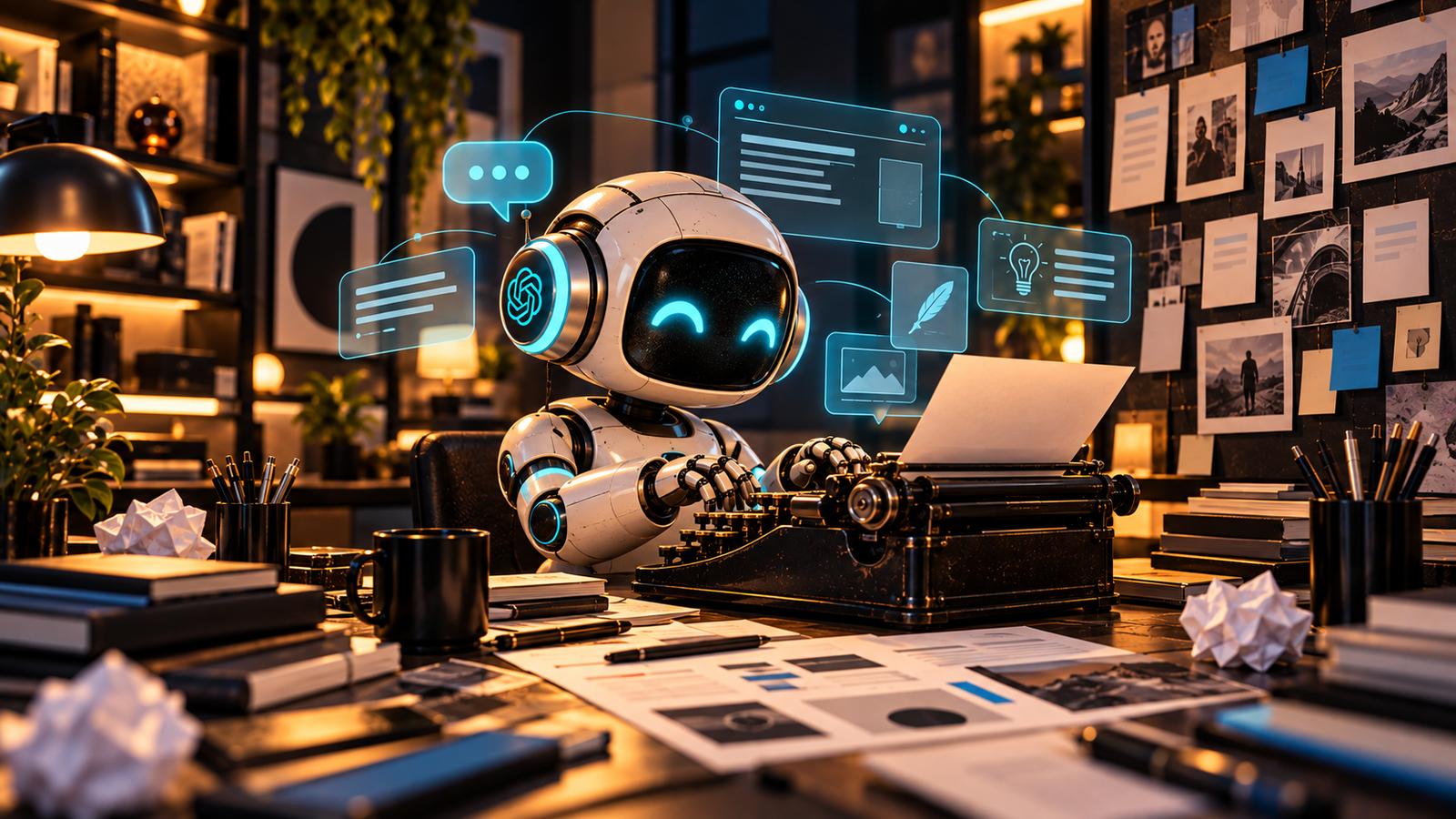 Robô simpático com elementos visuais do ChatGPT digita em uma máquina de escrever em um estúdio criativo, cercado por painéis holográficos, papéis, livros e referências de copywriting.