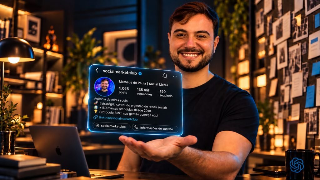 Matheus de Paula apresenta o perfil do Instagram da Social Market Club em um painel holográfico, em um escritório criativo aconchegante, com iluminação quente e detalhes em azul.