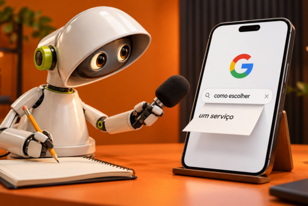 Robô entrevista uma busca do Google exibida num smartphone e registra a resposta em um caderno.