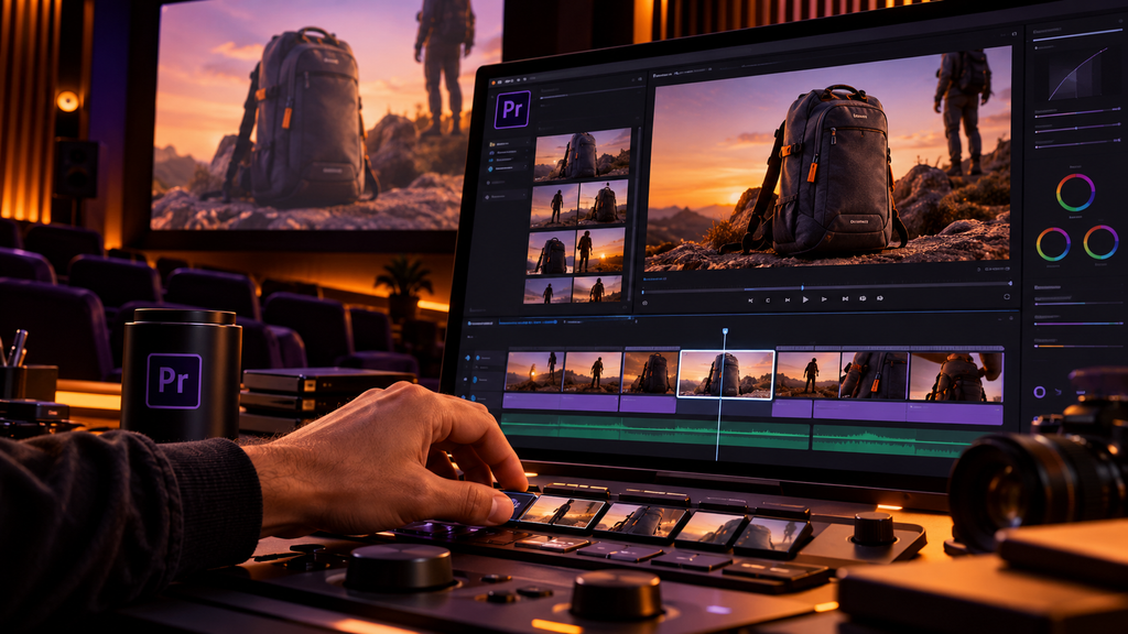 Uma mão seleciona uma tomada de campanha numa linha do tempo inspirada no Adobe Premiere.