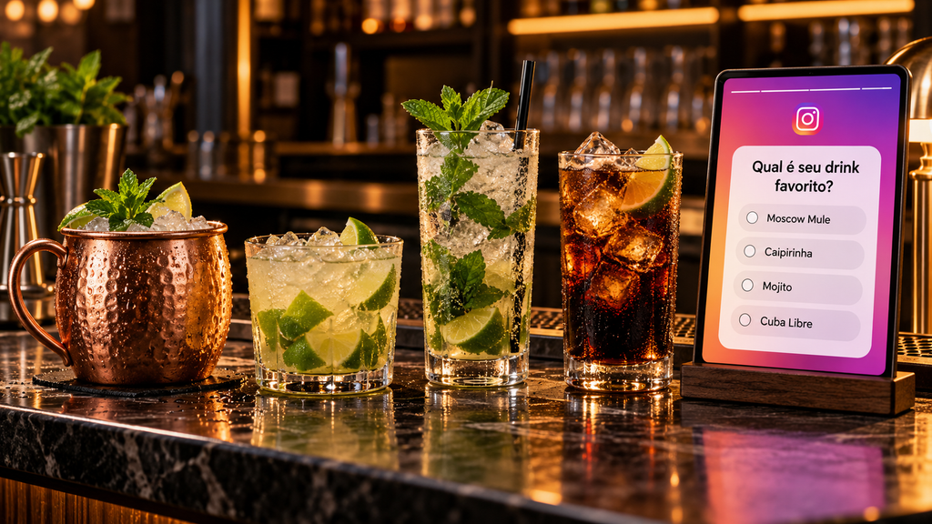 Quatro drinks num balcão acompanham uma enquete do Instagram sobre o favorito do público.