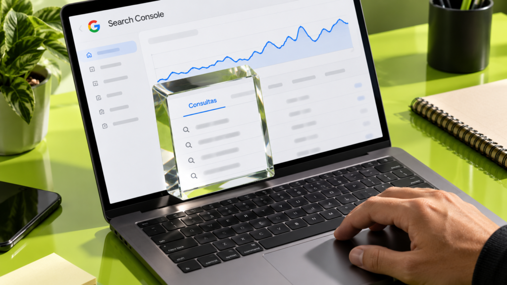otebook com mockup do Search Console e um prisma destacando a guia Consultas.