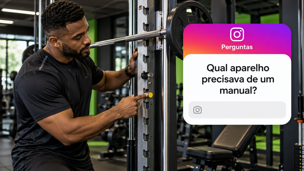 Personal trainer mostra a regulagem de uma máquina de academia ao lado de uma caixinha sobre dúvidas com os aparelhos.