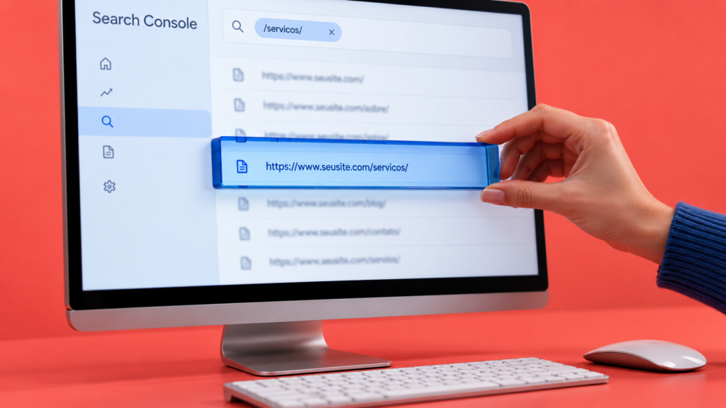 Mão posiciona uma lente sobre uma página filtrada em um mockup do Search Console. Formato: PNG, 1672 × 941 px, 16:9
