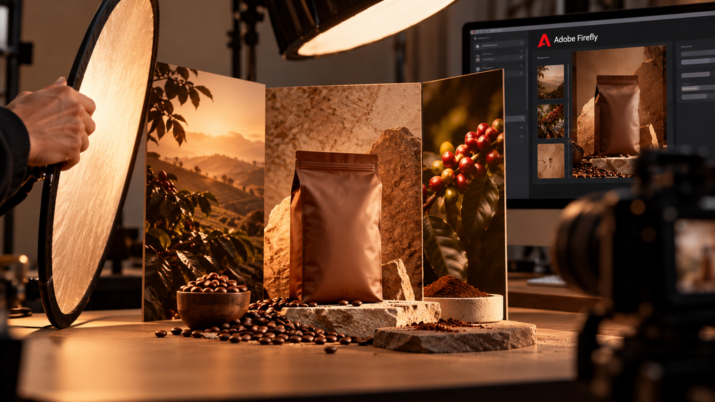 Um pacote de café é fotografado em uma bancada com cenários de campanha e um rebatedor.