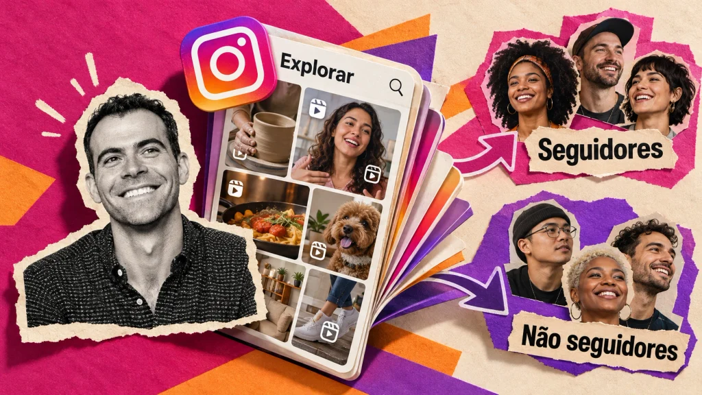 Colagem de Adam Mosseri junto a um mosaico do Instagram distribuído entre seguidores e não seguidores.
