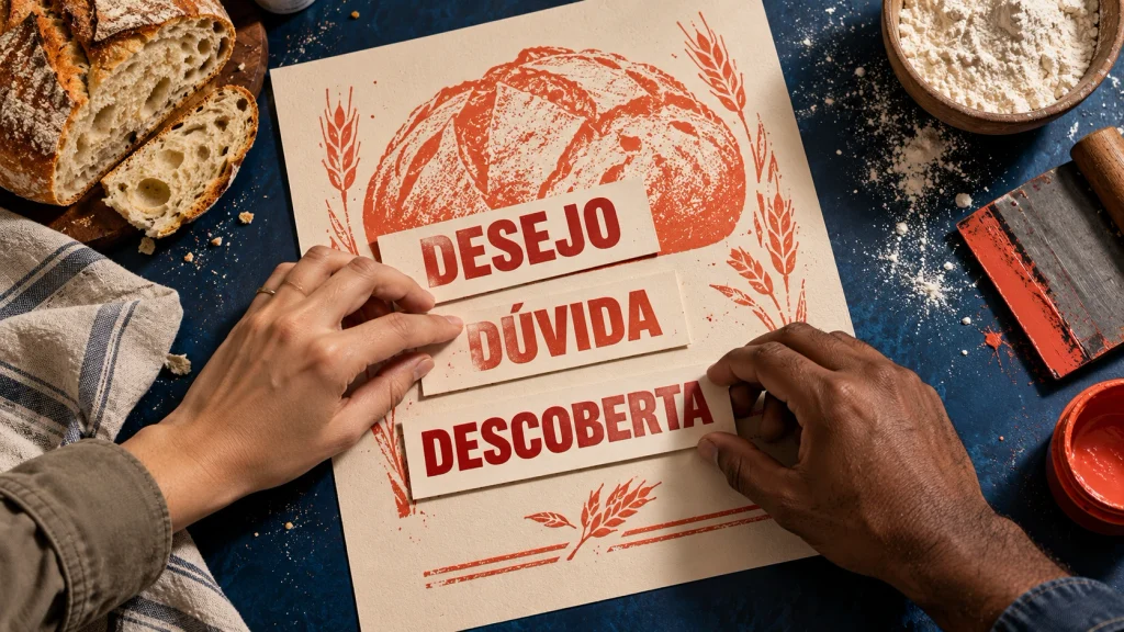 Mãos escolhem argumentos de desejo, dúvida e descoberta para uma chamada de padaria.