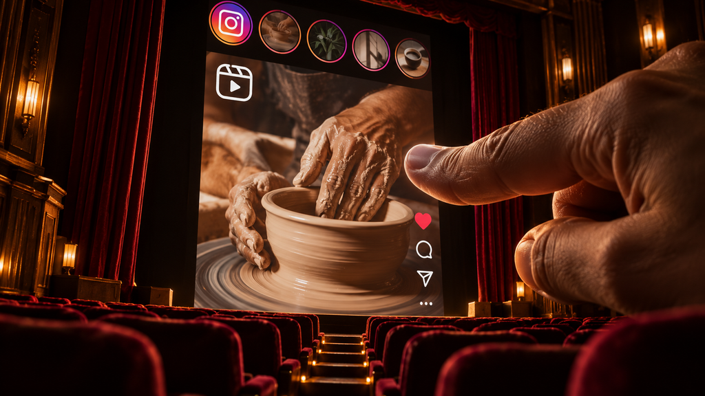 Uma mão prestes a passar um Reel interrompe a sessão de um cinema em miniatura.
