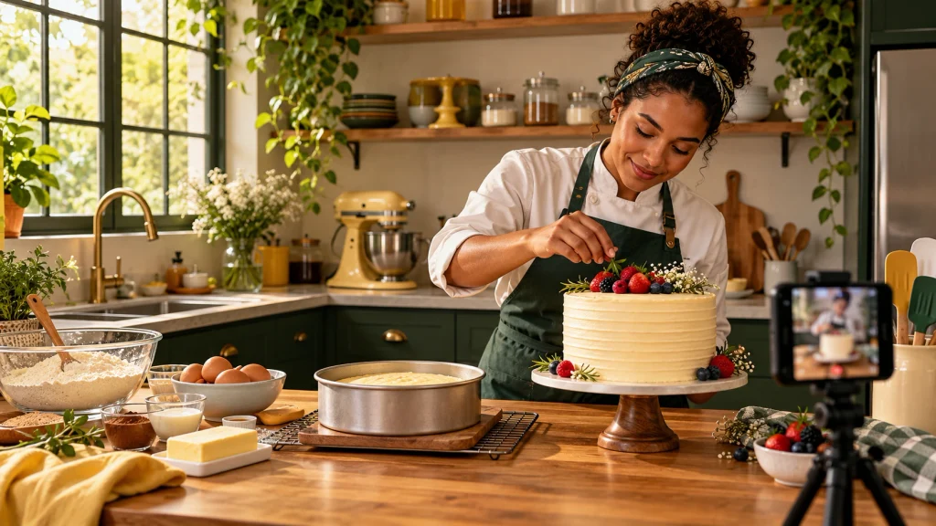 Uma confeiteira apresenta ingredientes, preparo e bolo pronto durante uma gravação.
