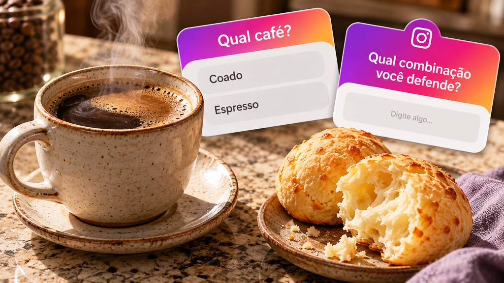 Café e pão de queijo aparecem junto de uma enquete de preferência e uma caixinha sobre combinações favoritas.
