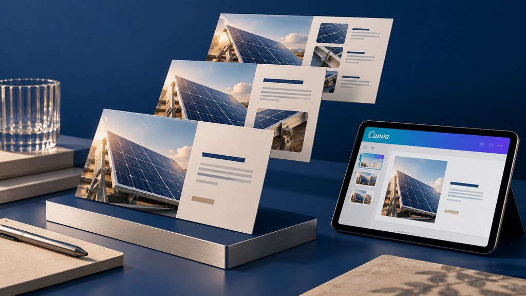 Apresentação de energia solar em lâminas físicas ao lado de um tablet com o Canva.
