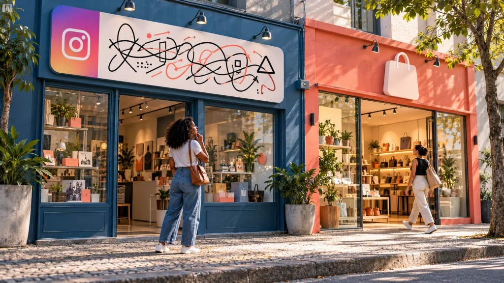 Uma fachada confusa dificulta a entrada enquanto um consumidor segue para a loja vizinha.