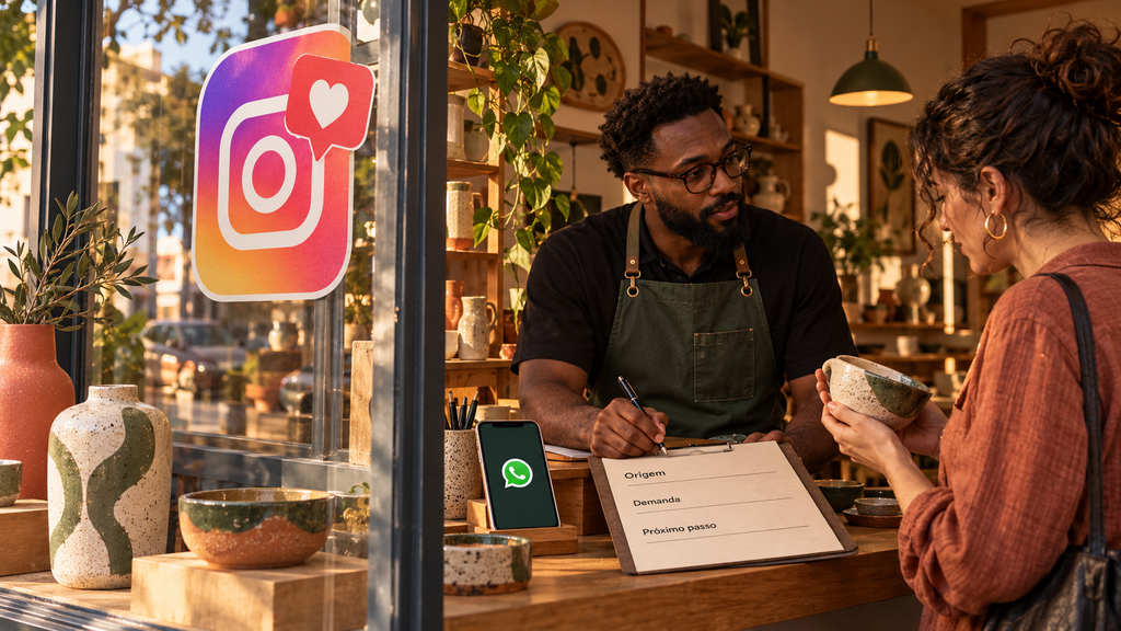 Na loja de cerâmica, um vendedor registra a demanda de uma cliente separadamente da atenção recebida no Instagram.
