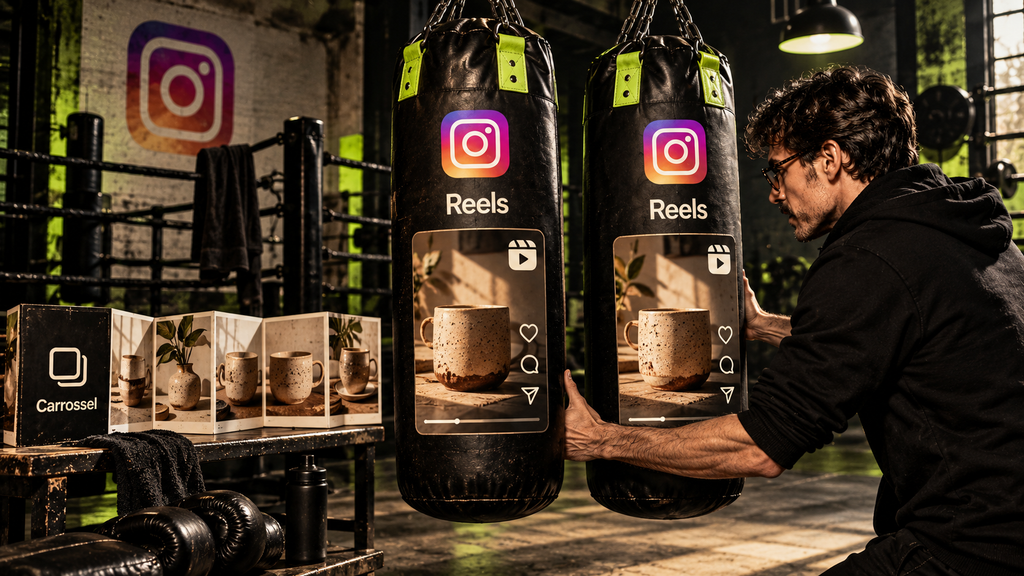 Dois Reels aparecem na mesma área de treino, enquanto um carrossel fica separado como outro formato.