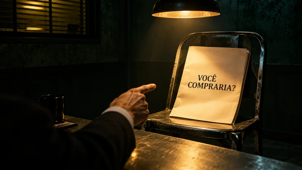 Uma proposta comercial ocupa uma cadeira de interrogatório com a pergunta Você compraria?.
