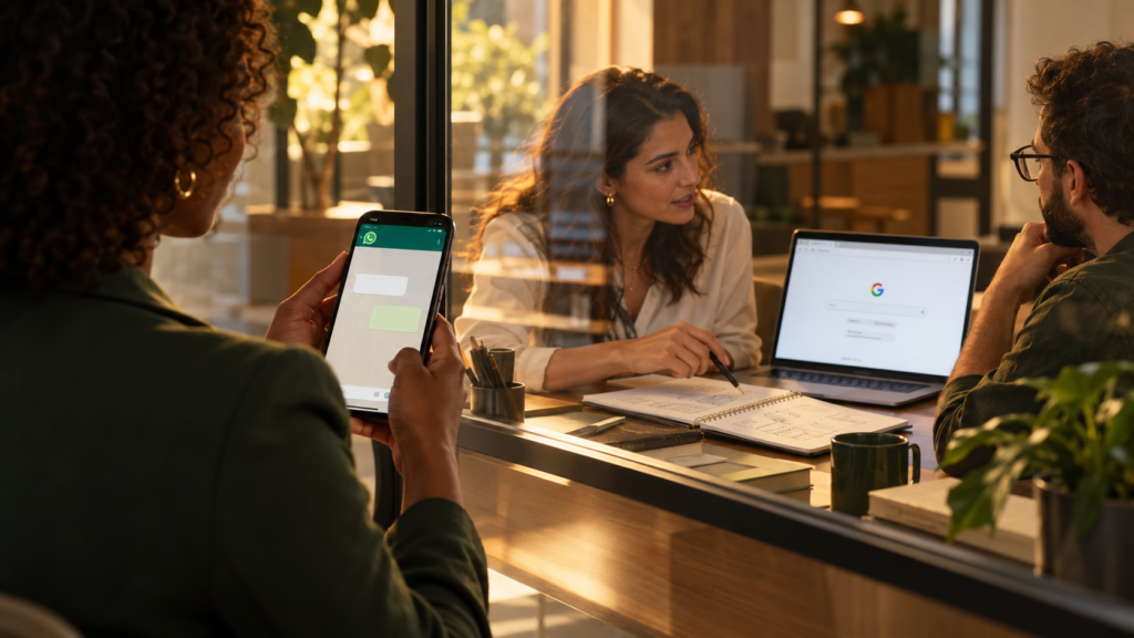 Profissionais cruzam uma conversa no WhatsApp com pesquisa no Google e anotações editoriais.