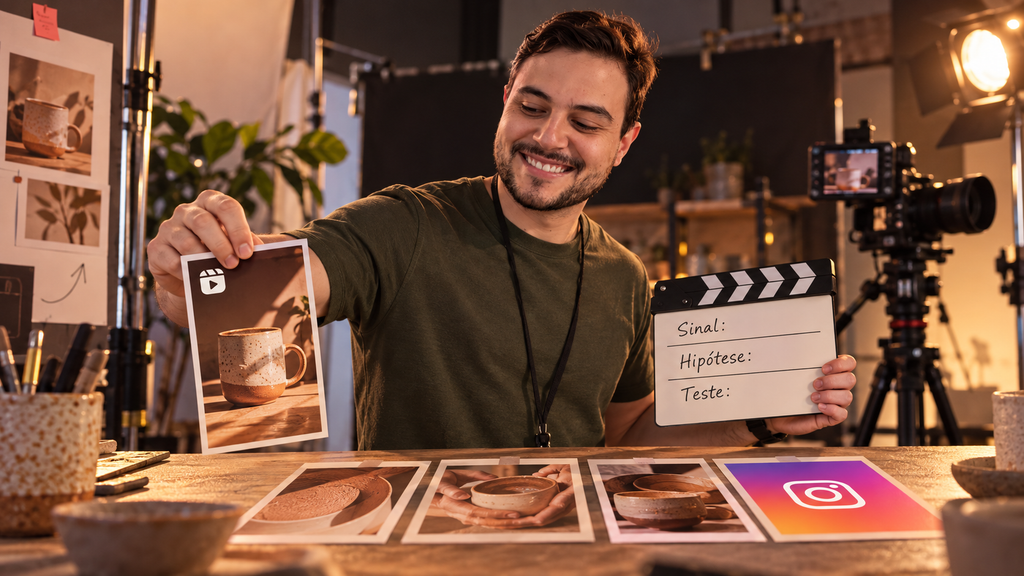 Matheus de Paula troca a abertura de um Reel num set de gravação, com uma ficha de sinal, hipótese e teste.
