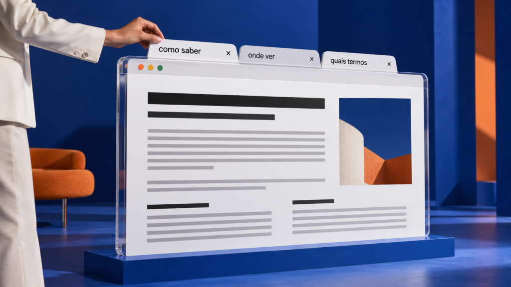 Três abas com variações de consulta aparecem sobre uma única página de artigo.