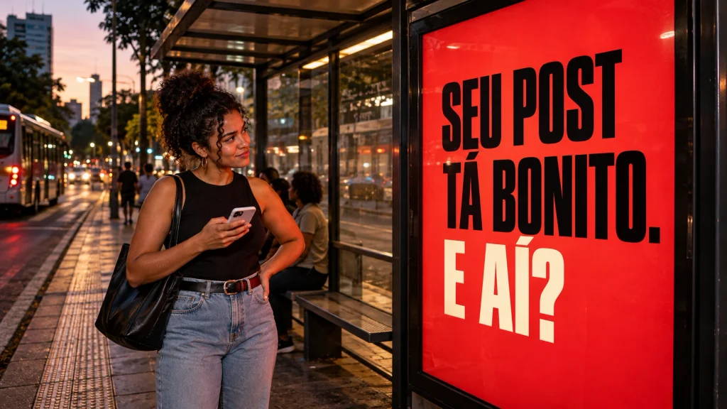 Uma pessoa para de olhar o celular diante de um anúncio que pergunta Seu post tá bonito. E aí?.