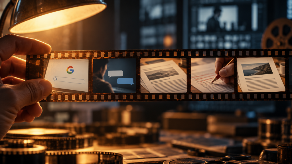 Película de filme reúne busca no Google, conversa, leitura e revisão até chegar a um artigo.