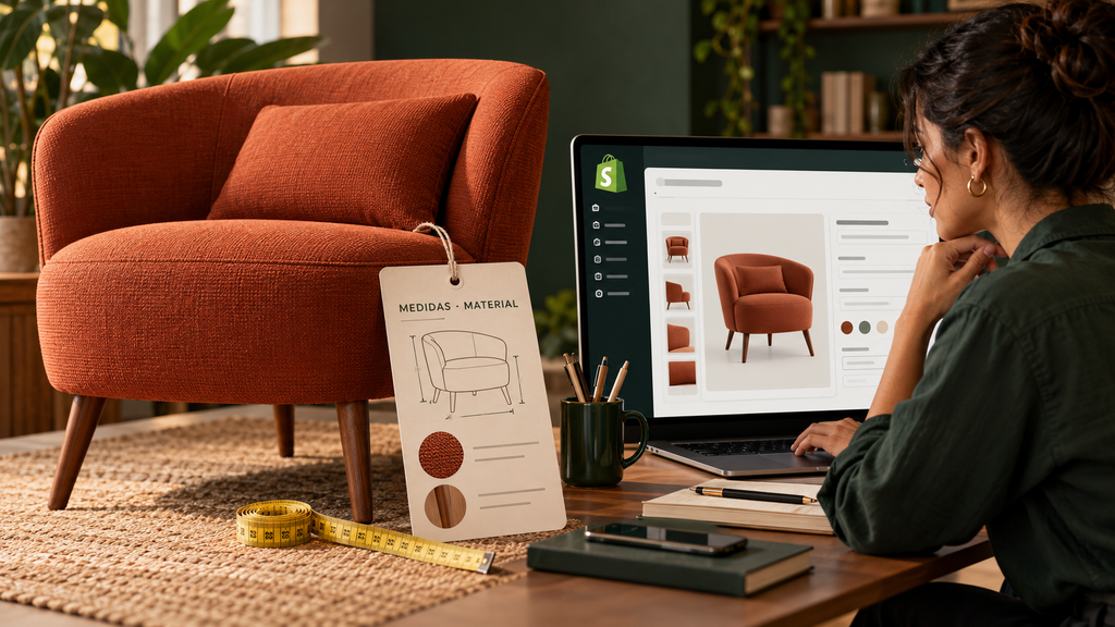 Uma poltrona e suas medidas são conferidas junto de uma ficha de produto na Shopify.
