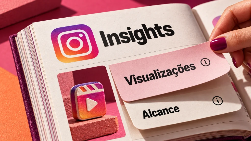 Uma leitora consulta as definições de visualizações e alcance num manual editorial de Instagram Insights.
