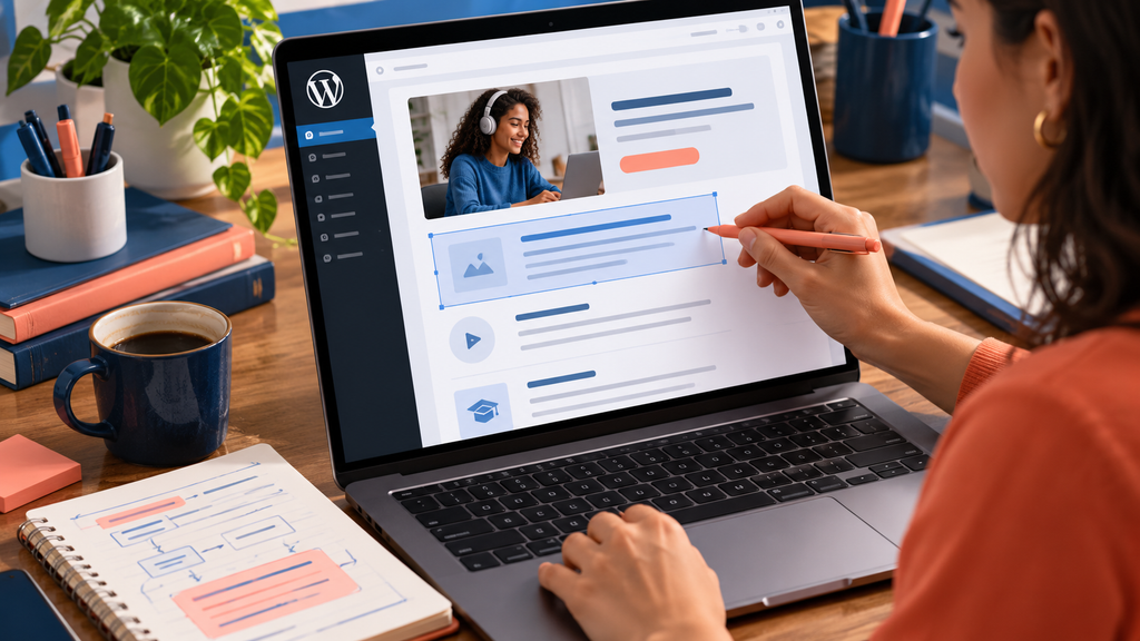 Uma editora atualiza informações de um curso em uma página do WordPress.