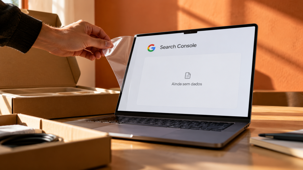Notebook recém-desembalado mostra um mockup do Search Console ainda sem dados.