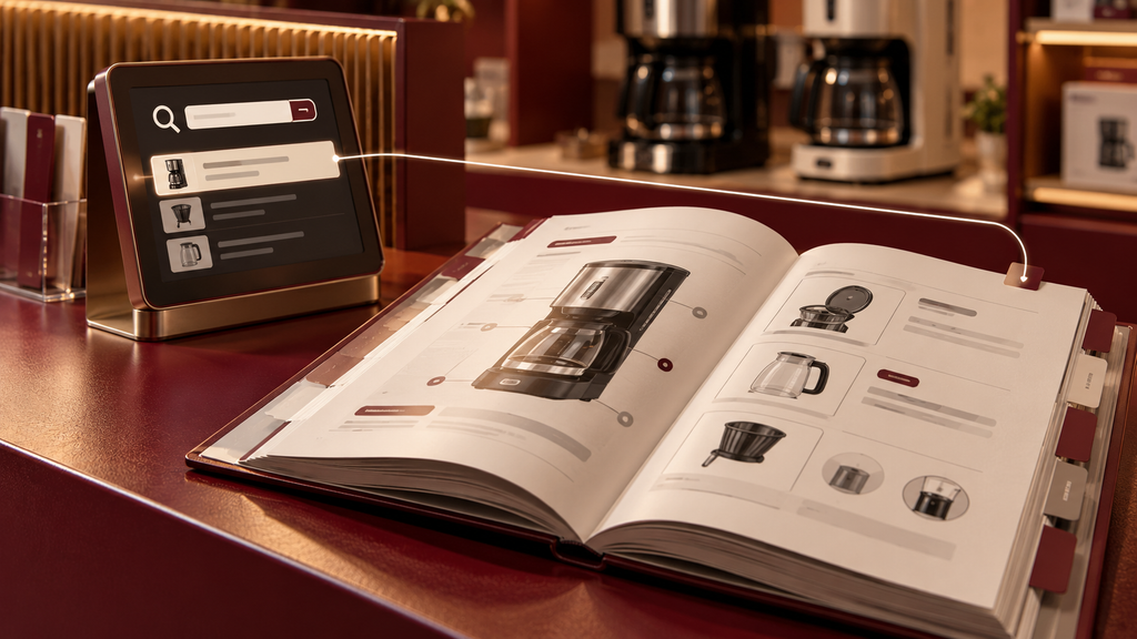 Um terminal de busca aponta para a página correspondente de um manual de cafeteiras aberto no balcão.