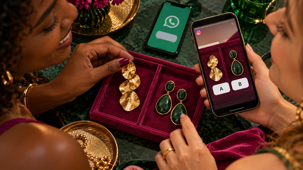 Duas pessoas comparam brincos e respondem a uma enquete de Stories, com WhatsApp ao lado.