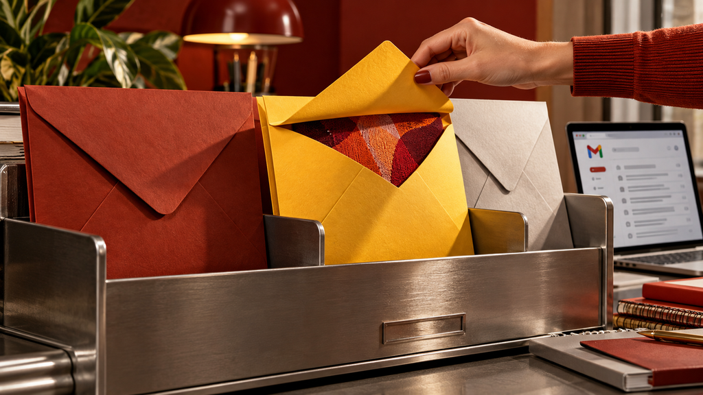 Uma mão abre um envelope amarelo diante de uma caixa de correspondência e uma tela de e-mail.
