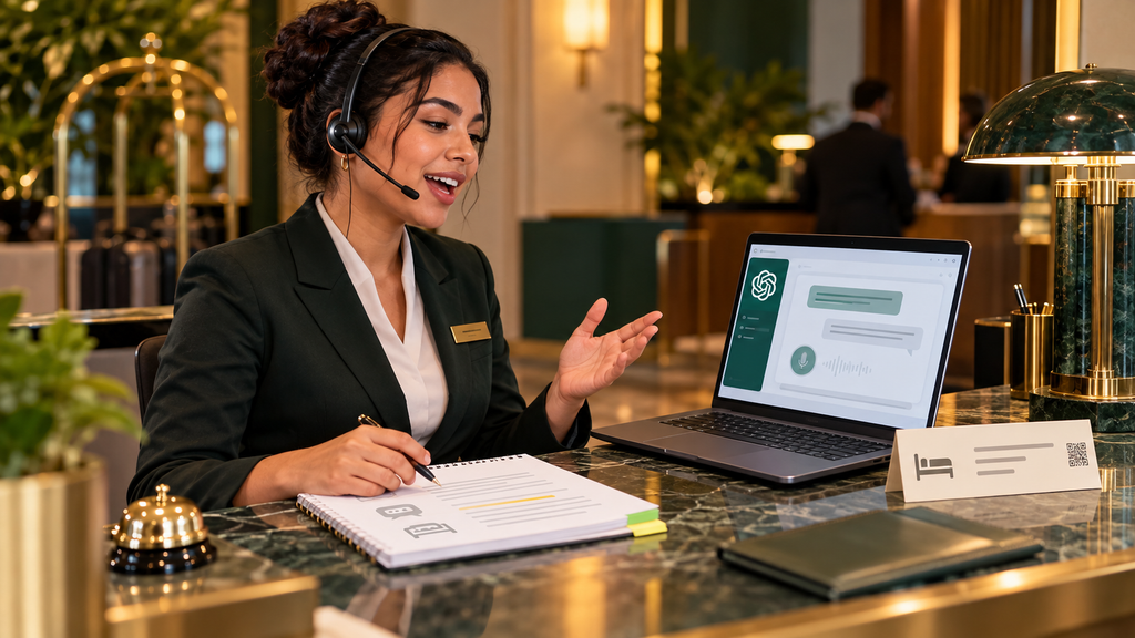 Uma recepcionista pratica uma situação de reserva em um curso de inglês aplicado à hotelaria.
