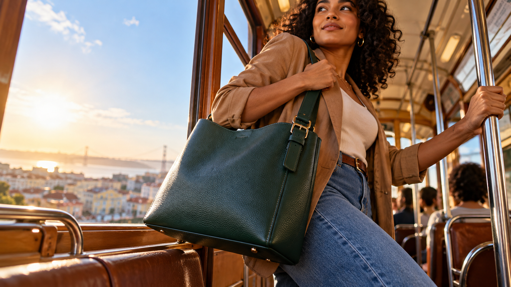 Uma bolsa de couro acompanha uma passageira num transporte urbano iluminado pelo sol.
