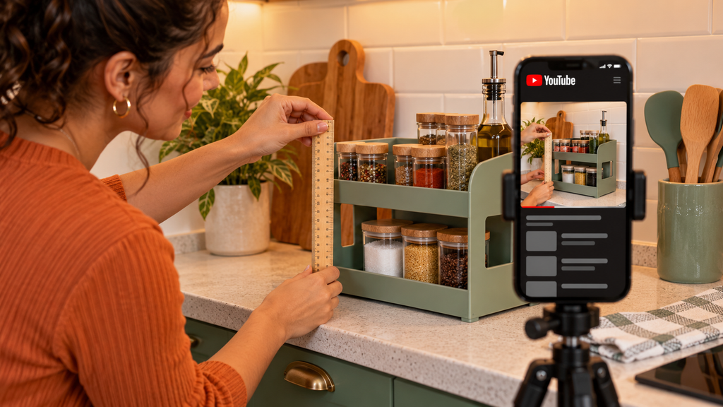 Uma criadora mede um organizador de cozinha antes de produzir uma demonstração do produto.