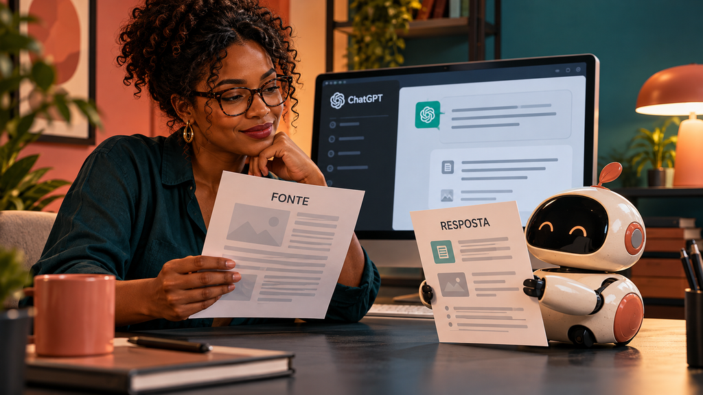  Uma especialista compara a resposta de um assistente com a fonte e registra o que precisa ser corrigido.