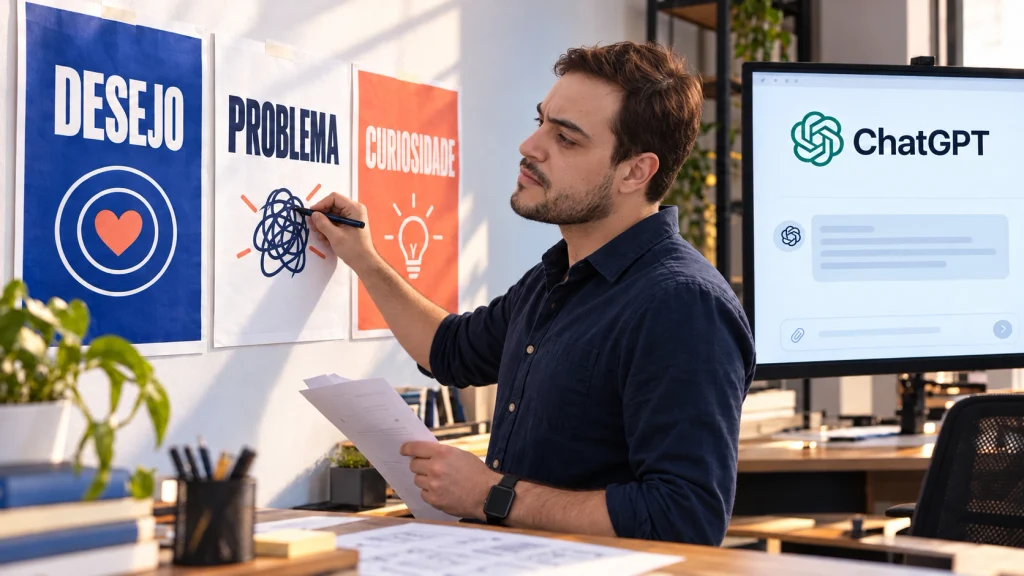 Matheus revisa três argumentos de headline junto a uma tela do ChatGPT.