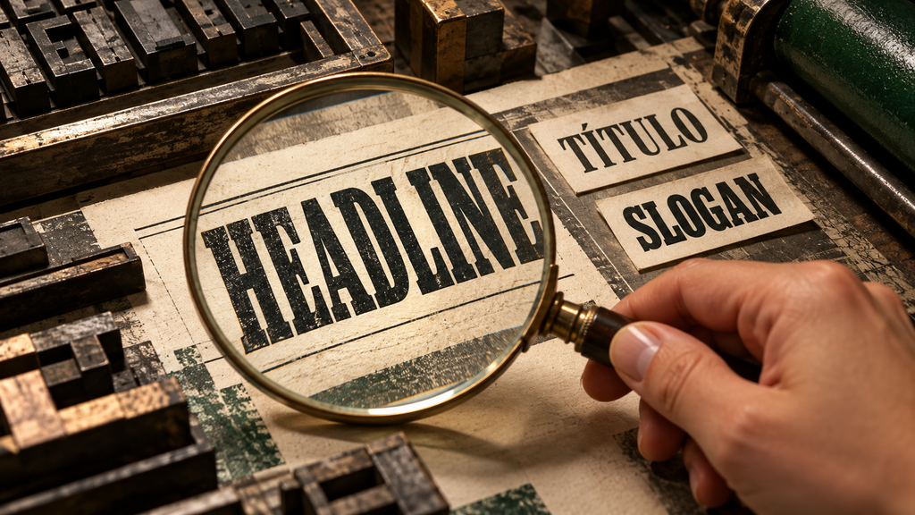 Uma lupa destaca Headline ao lado de provas tipográficas com os termos Título e Slogan.