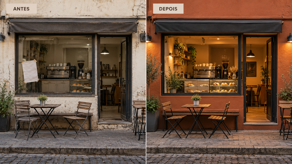 Comparação ilustrativa de uma cafeteria antes e depois de melhorias na fachada, iluminação e organização.