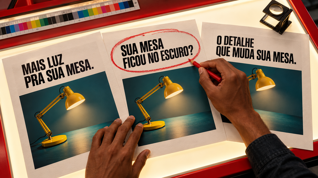 Três anúncios da mesma luminária apresentam chamadas diferentes, com uma delas selecionada a lápis vermelho.