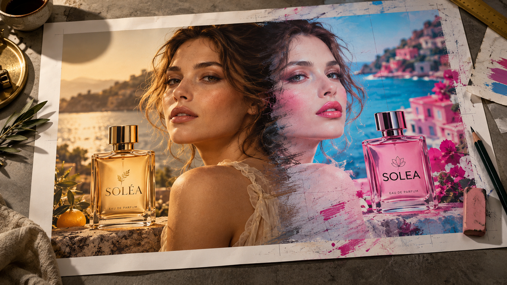 Arte publicitária de perfume mostra a mesma modelo em duas versões lado a lado, com mudanças de cenário, cor, acabamento e embalagem, ilustrando como uma imagem gerada por IA pode ser reinterpretada durante uma edição.