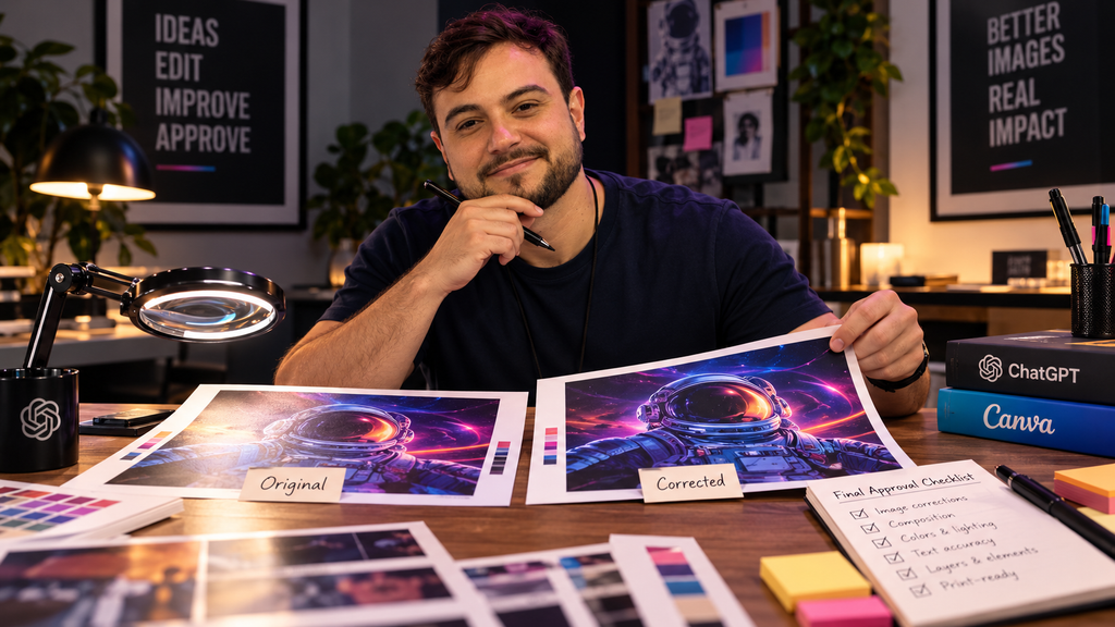 Diretor de arte compara a versão original e a versão corrigida de uma imagem sob luz neutra e lupa de inspeção.