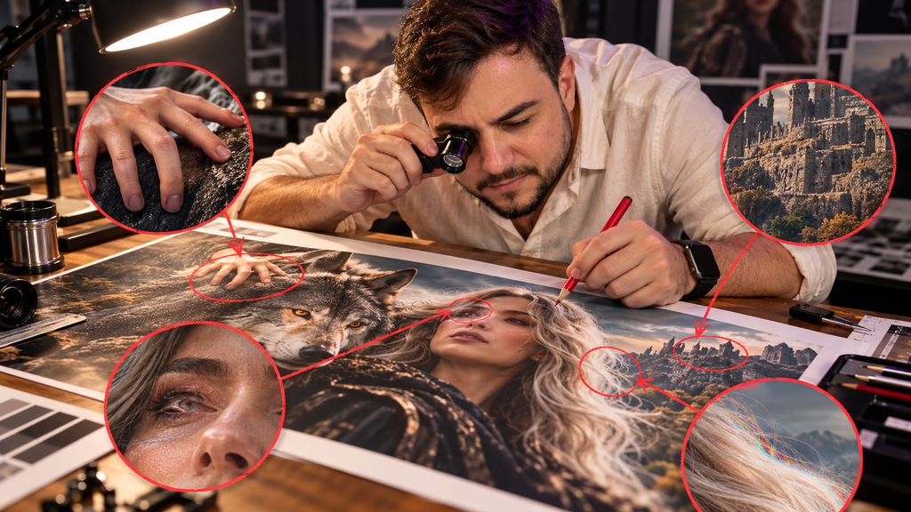 Homem inspeciona com lupa uma arte gerada por IA e marca pequenos defeitos em mãos, rosto, cabelo e cenário para corrigir imperfeições sem refazer toda a imagem.