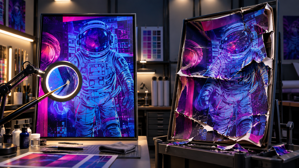 Comparação entre duas versões de uma arte com astronauta em um estúdio criativo, mostrando de um lado a imagem preservada e do outro uma versão deformada e danificada, ilustrando quando vale corrigir uma imagem gerada por IA ou gerar novamente.