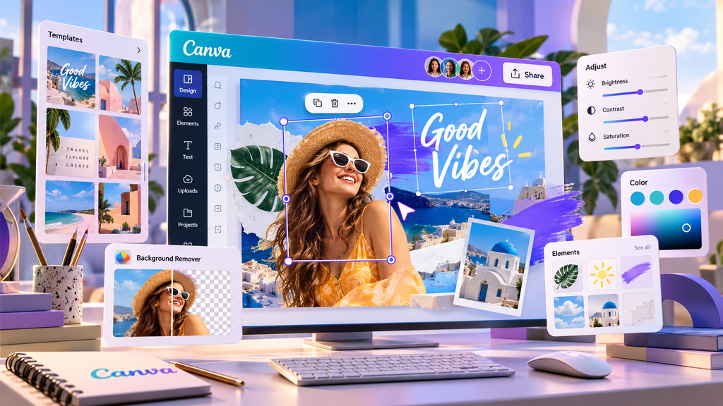 Interface inspirada no Canva exibida em um estúdio criativo, mostrando a edição de uma peça visual de viagem com foto de mulher sorrindo, ferramentas de ajuste, remoção de fundo, elementos gráficos e paleta de cores da marca ao redor da tela.