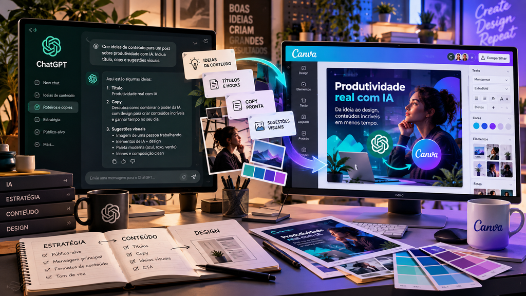 Fluxo criativo mostra o ChatGPT gerando ideias, títulos, copy e sugestões visuais em uma tela, enquanto o Canva transforma esse material em uma arte final para redes sociais na tela ao lado, conectando estratégia, conteúdo e design.