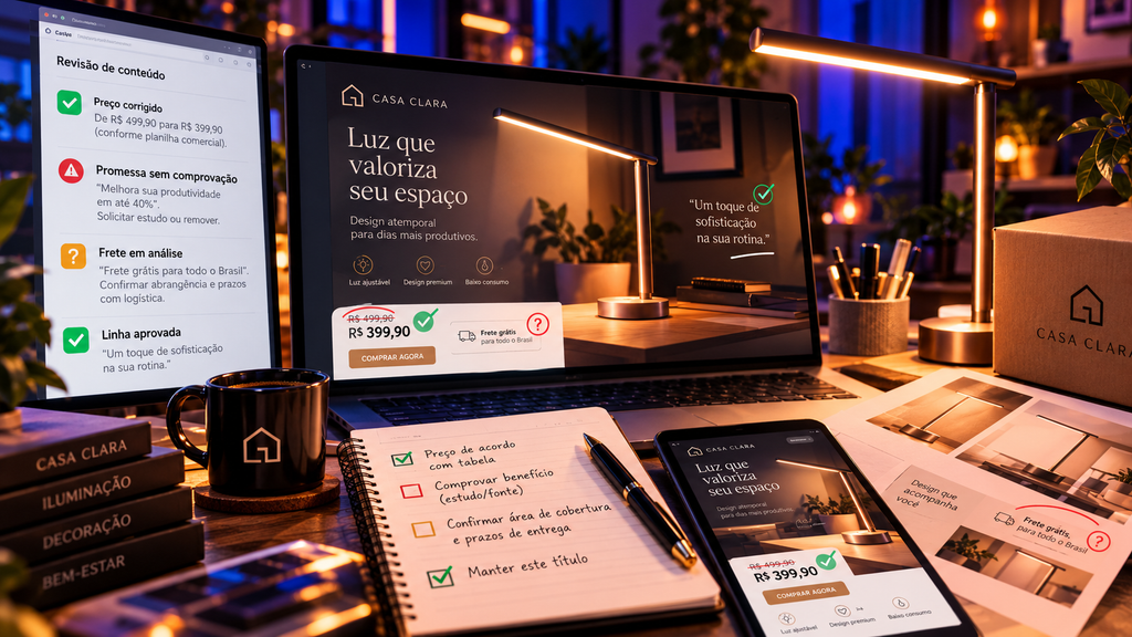 Anúncio fictício de luminária sendo revisado com IA para conferir preço, prazo de entrega, promessas e informações comerciais.