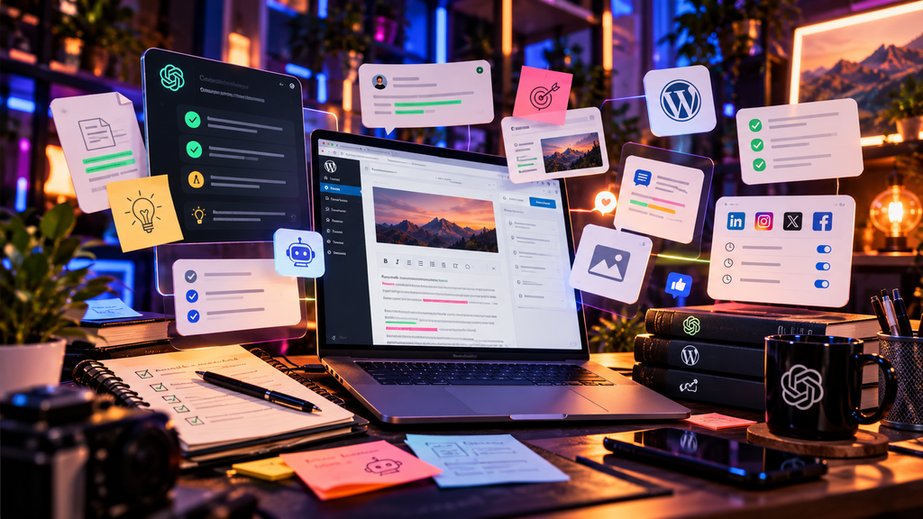 Elementos do ChatGPT, WordPress e redes sociais representando dúvidas frequentes sobre revisão de conteúdo com inteligência artificial.