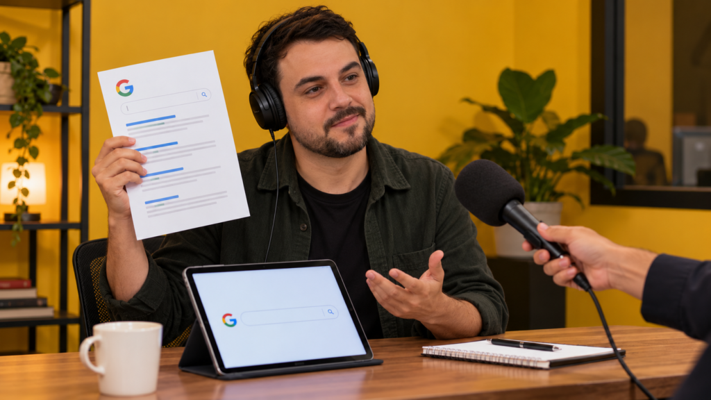 Profissional com fones responde a uma entrevista segurando uma página ilustrativa de resultados do Google.