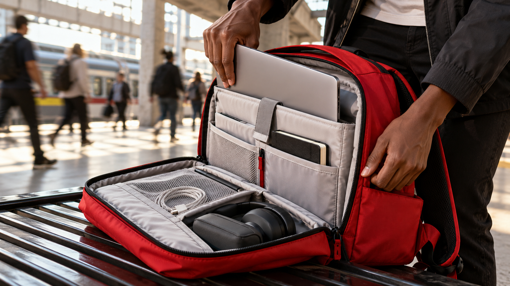 Pessoa retira um notebook de uma mochila com compartimentos organizados numa estação de trem.