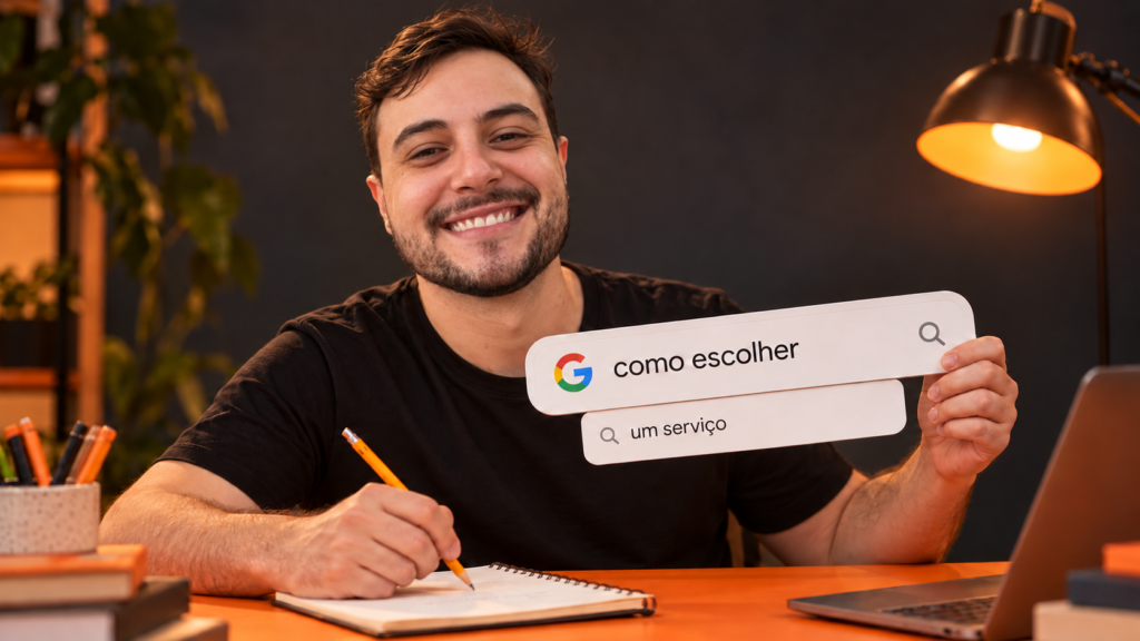 Matheus sentado à mesa, segurando uma barra de busca do Google com “como escolher um serviço”, enquanto anota em um caderno.